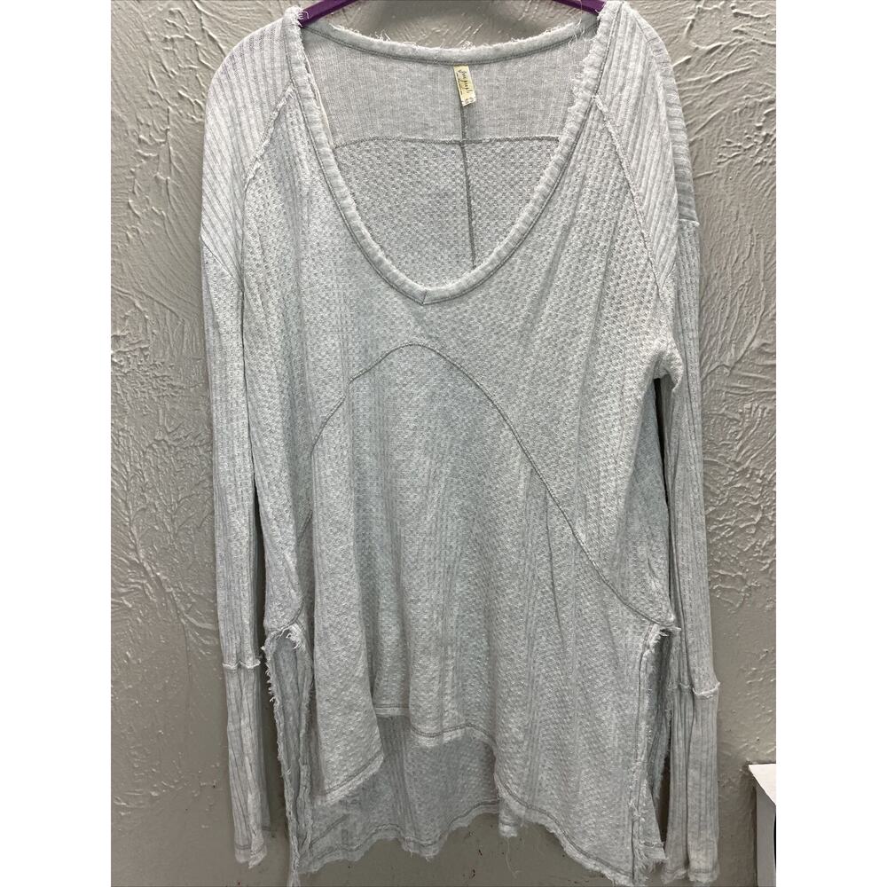 Free People Womens Tunic Long Sleeve Shirt Boat Neck‎ Waffle Light Gray Size XS